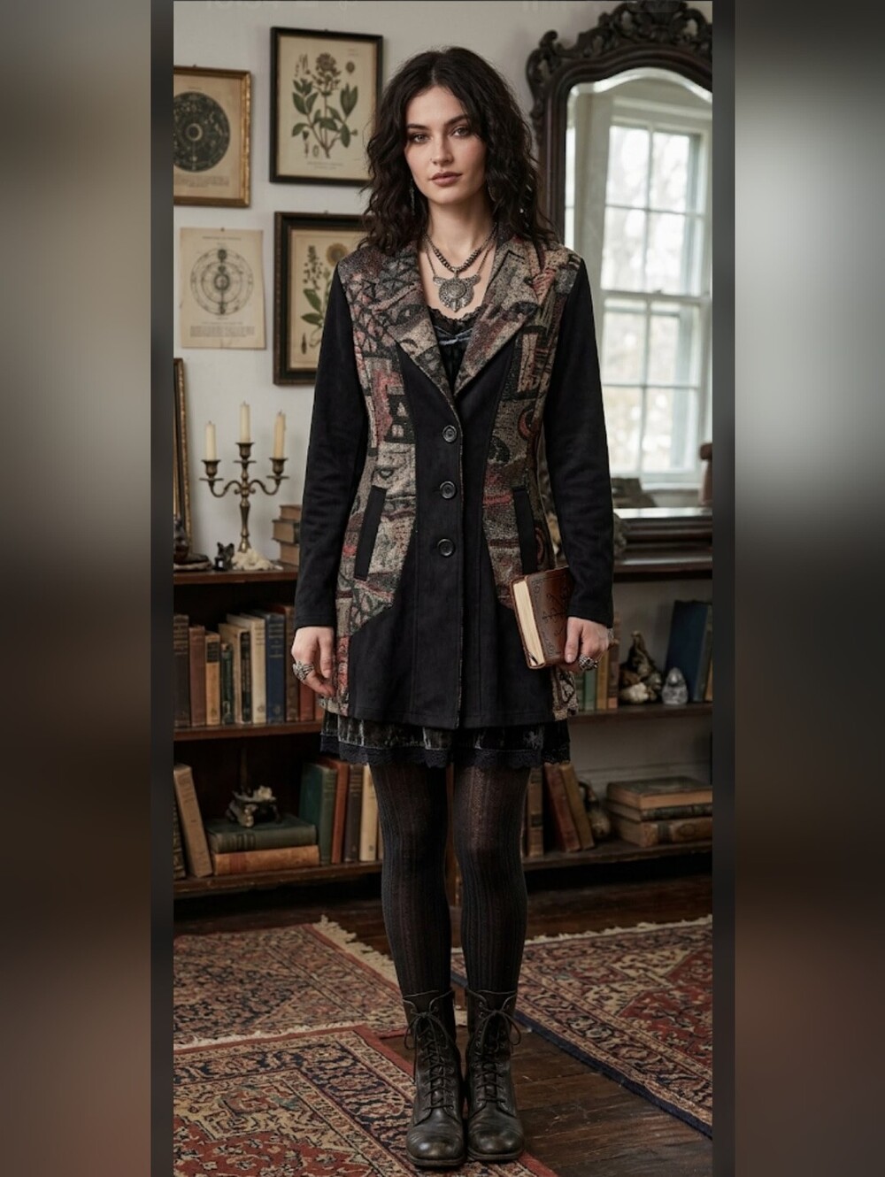 ADORE Tapestry Cardigan Sweater Jacket M Faux Suede Gothic Whimsigoth
